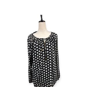 Michael Kors black top with white polka dots zips and ties on front size XL